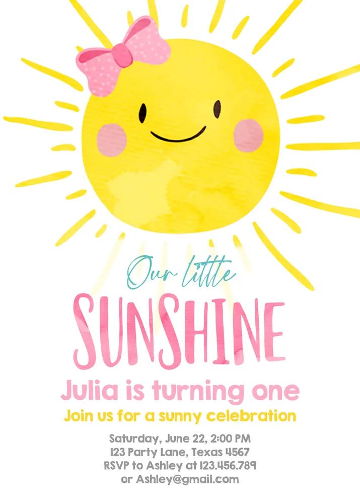 Our Little Sunshine 1st Birthday Invitation, Pink Girl Bow Canva Template