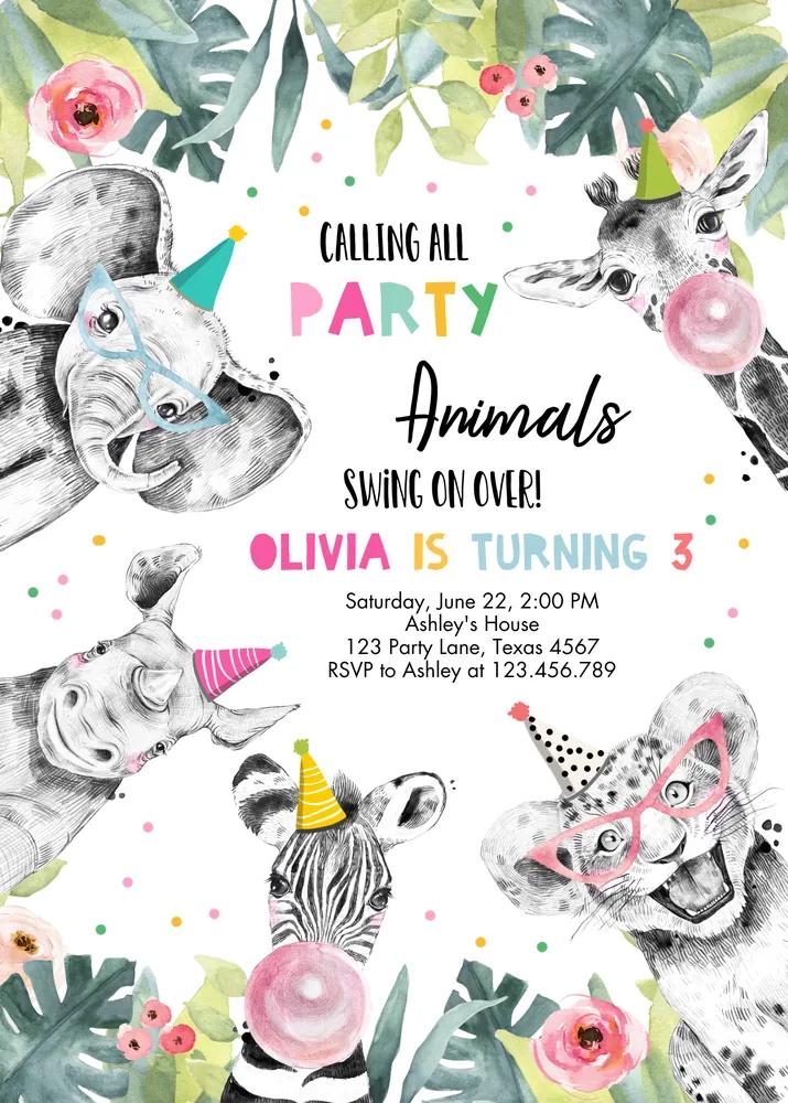 Party Animals Birthday Invitation | Wild One Zoo Safari Girl Canva Template