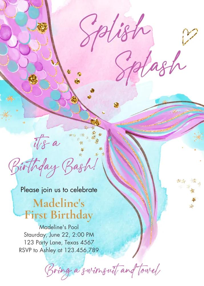 Mermaid Birthday Invitation Template, Girl Under the Sea Party, Pink Purple Gold
