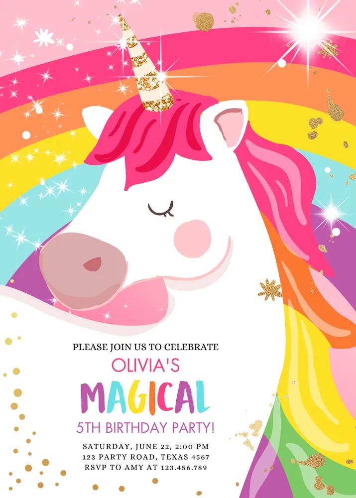 Unicorn Birthday Invitation Canva Template - Pink Gold Magical Rainbow Invite