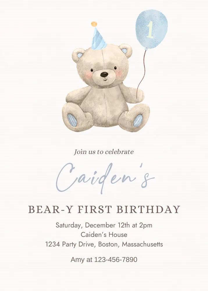 Blue Teddy Bear 1st Birthday Invitation | Editable Canva Template Boy