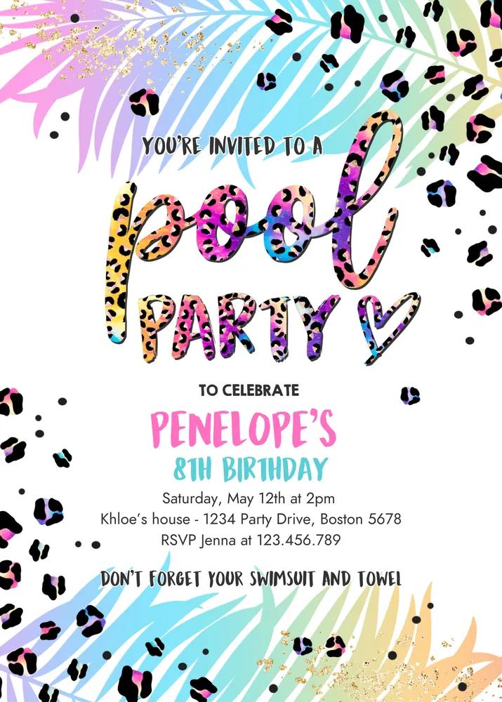 Girly Rainbow Cheetah Pool Party Invitation | Editable Canva Template