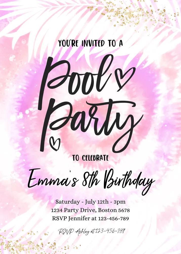 Girly Pink Purple Tie Dye Pool Party Invitation Editable Canva Template