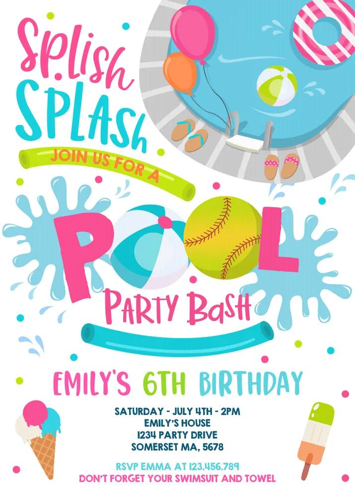 Softball Pool Party Birthday Invitation | Editable Canva Template