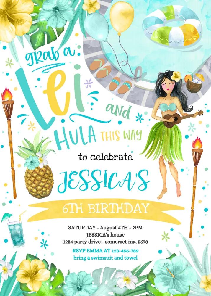 Hawaiian Luau Birthday Invitation | Editable Canva Template Pineapple Pool Party