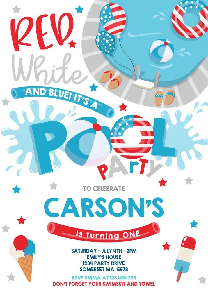 4th of July Pool Party Birthday Invitation - Editable Canva Template