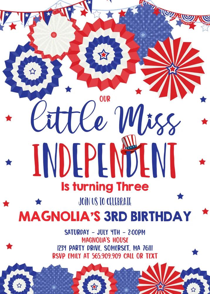 4th of July Little Miss Independent Birthday Invitation Canva Template