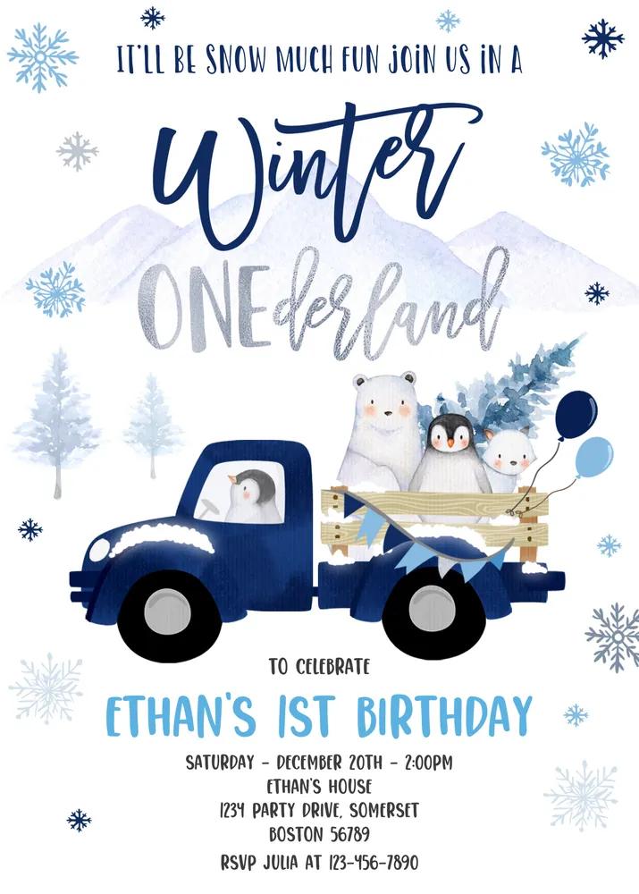 Winter ONEderland 1st Birthday Invitation | Canva Template Navy Blue Truck