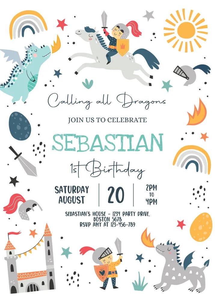 Dragon and Knight Birthday Invitation Template - Editable Canva Instant Download