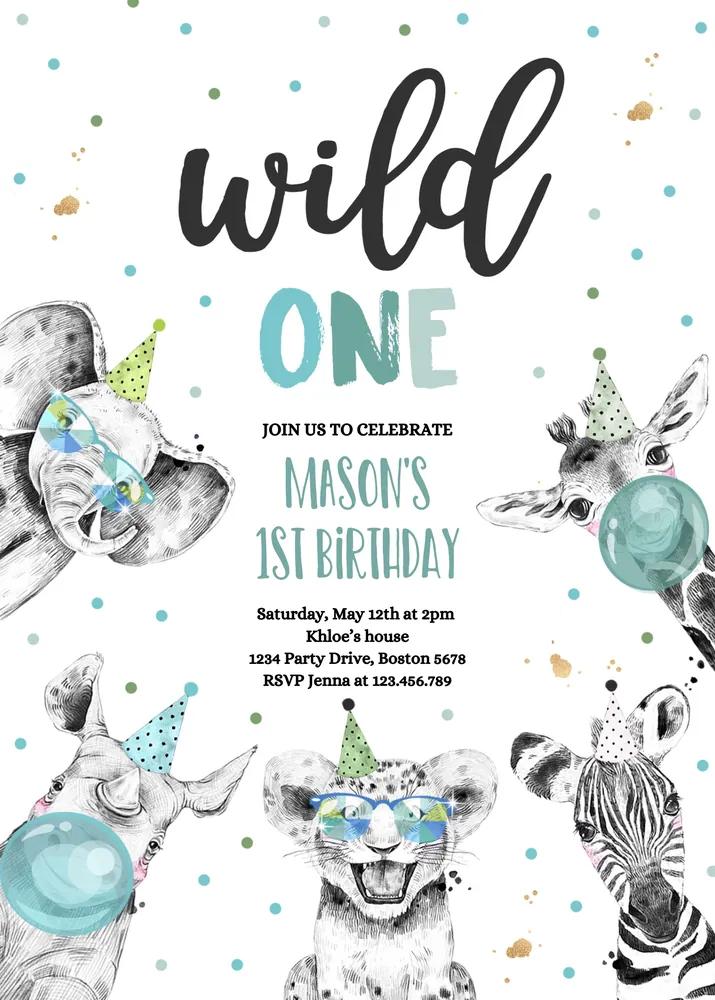 Wild One Birthday Invitation | Safari Animal Canva Template Instant Download