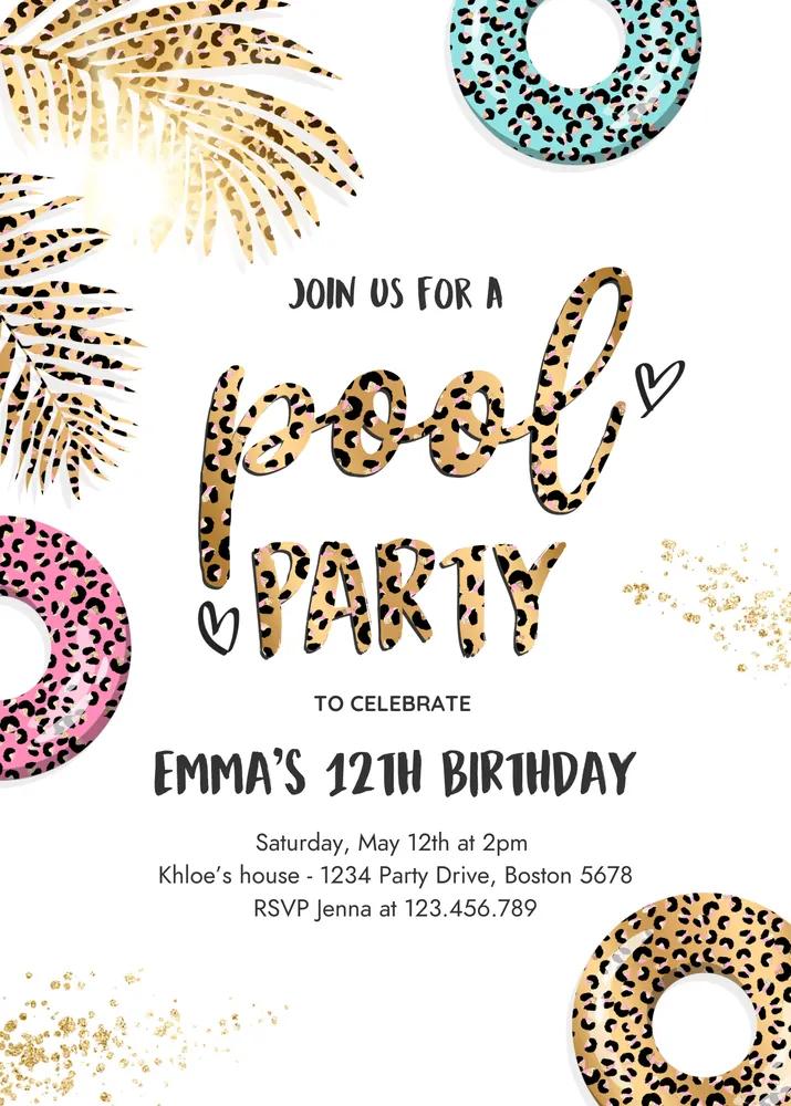 Girly Leopard Print Pool Party Invitation | Editable Canva Template