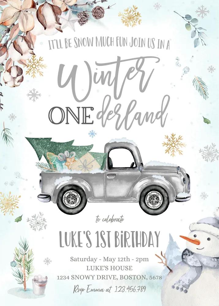 Winter ONEderland 1st Birthday Invitation | Rustic Grey Truck Canva Template