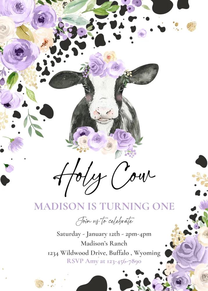 Purple Floral Cow 1st Birthday Invitation, Editable Holy Cow Im One Template