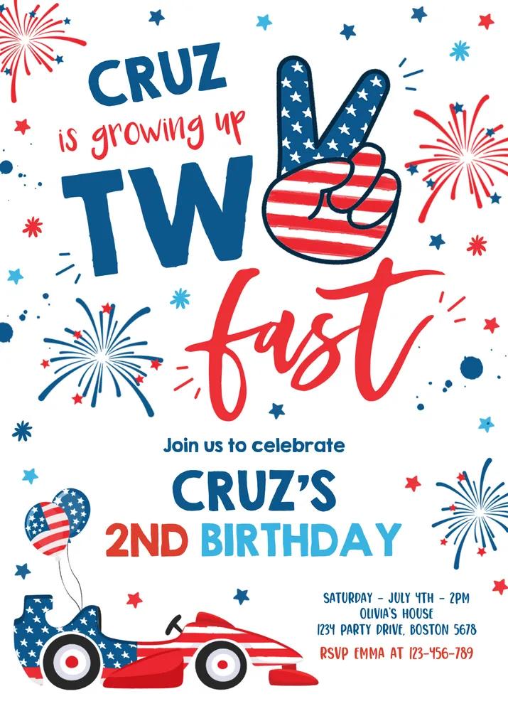 4th of July 2nd Birthday Invitation | Two Fast Canva Template | July 4th Party