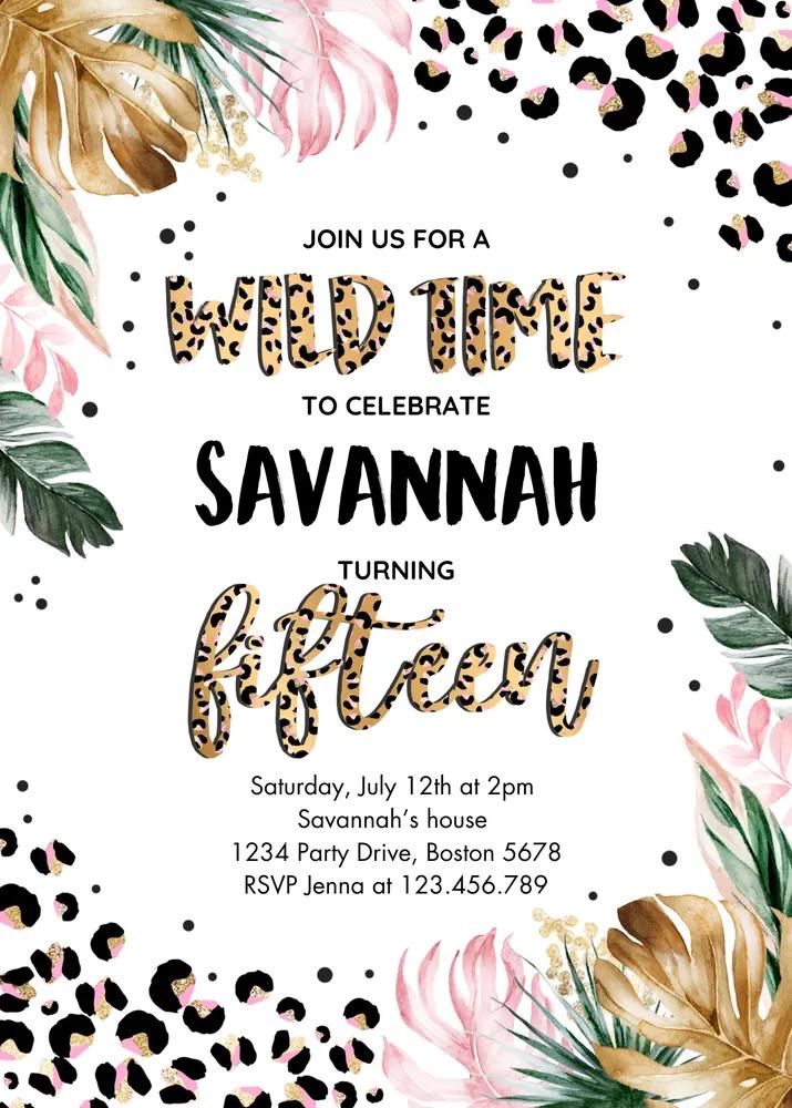 Leopard Print 15th Birthday Invitation | Editable Canva Template Wild 15