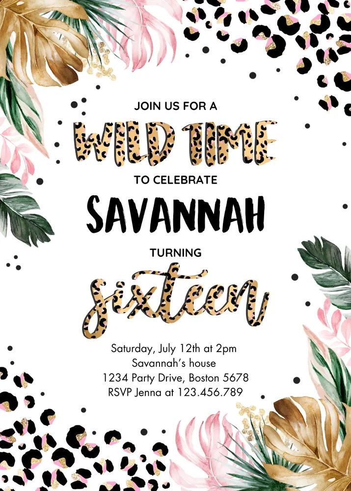 Leopard Print 16th Birthday Invitation | Wild Sweet 16 Canva Template