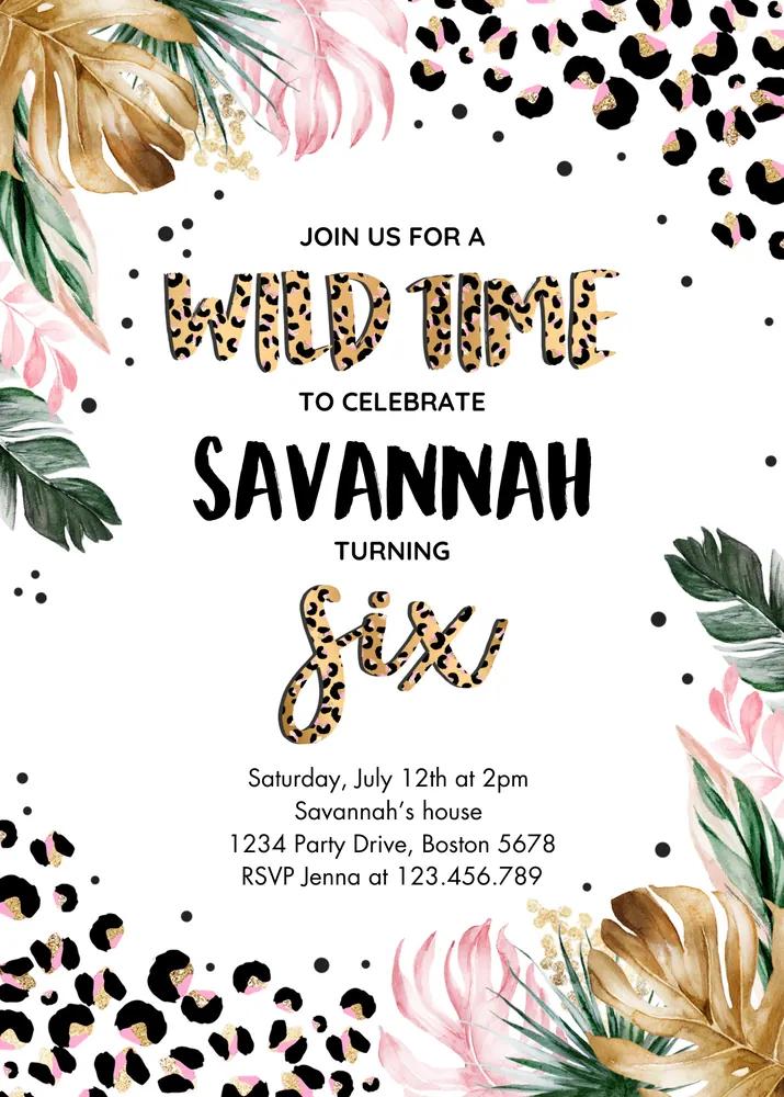 Leopard Print 6th Birthday Invitation | Wild Jungle Canva Template