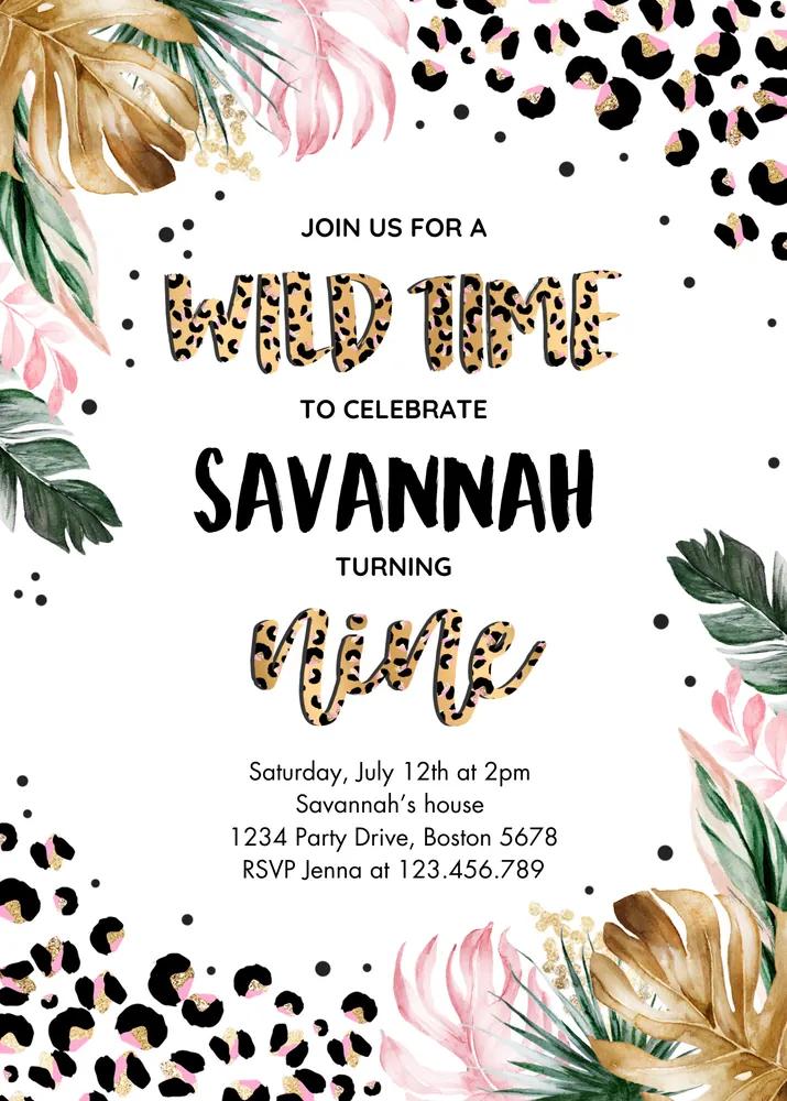 Leopard Print 9th Birthday Invitation | Editable Canva Template Wild Nine