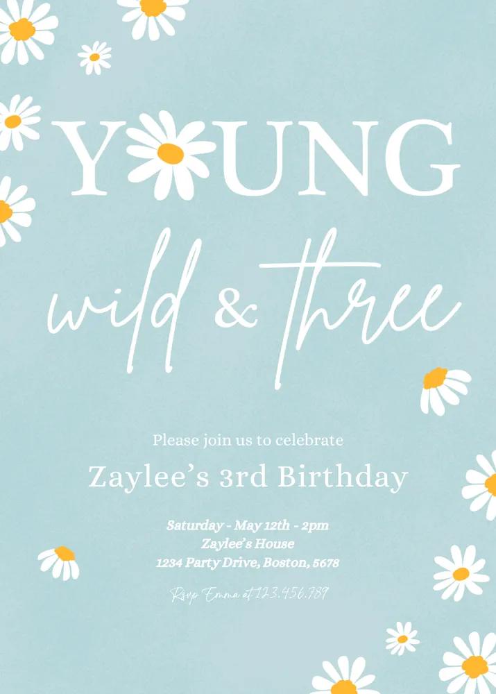 Daisy 3rd Birthday Invitation, Boho Young Wild and Three Canva Template