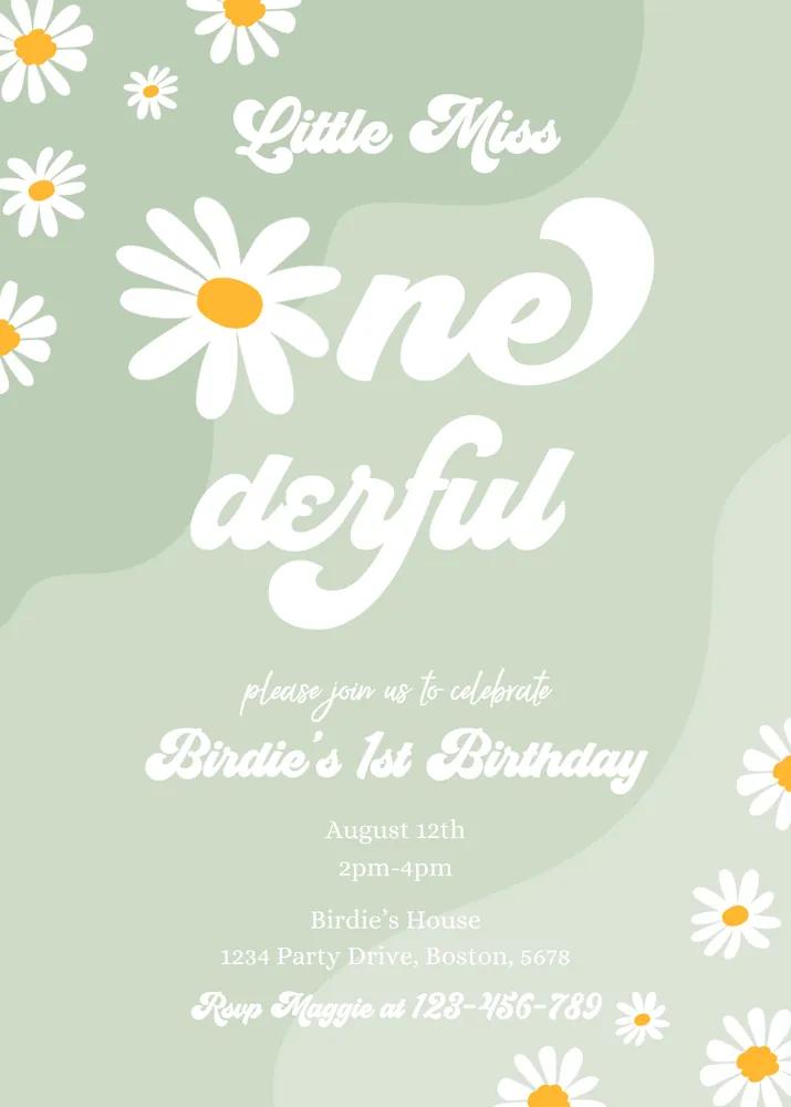 Little Miss ONEderful 1st Birthday Invitation | Boho Daisy Canva Template