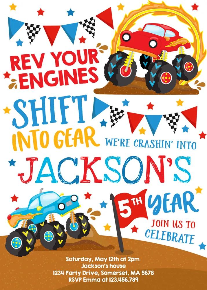 Monster Truck Birthday Invitation Template - Editable Canva Instant Download