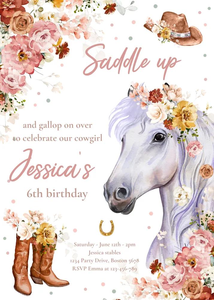 Cowgirl Birthday Invitation Wildflower Horse Canva Template Instant Download
