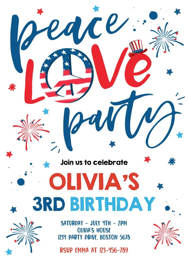 4th of July Birthday Invitation | Peace Love Party Canva Template
