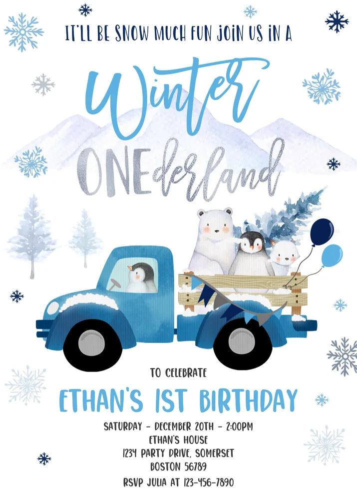 Winter ONEderland 1st Birthday Invitation, Editable Blue Truck Canva Template