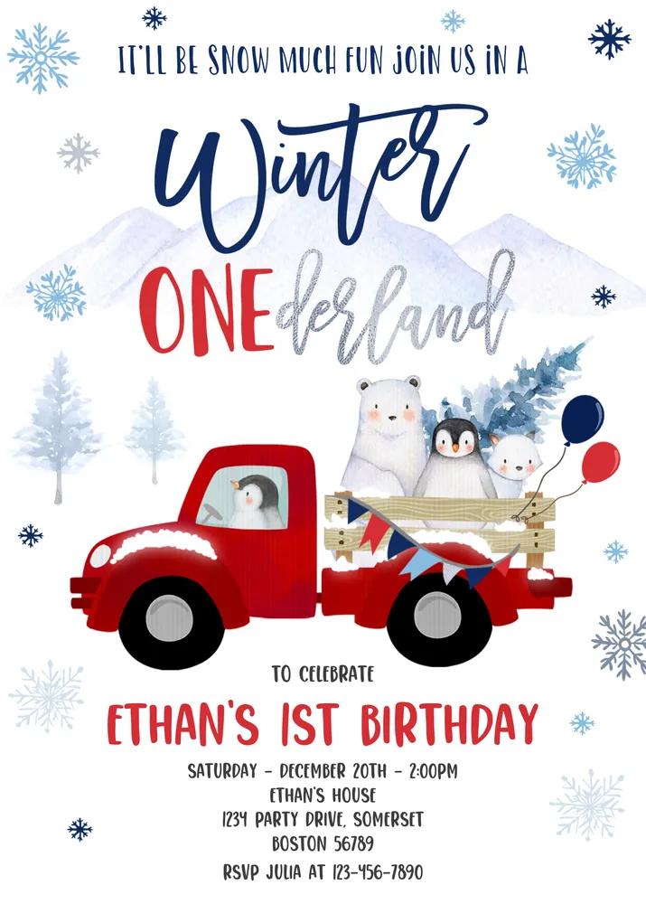 Winter ONEderland 1st Birthday Invitation | Editable Canva Template Red Truck