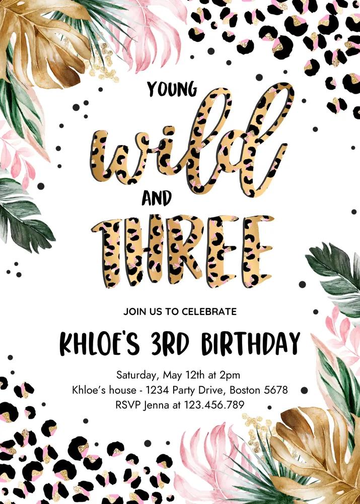 Young Wild and Three Leopard Birthday Invitation - Editable Canva Template