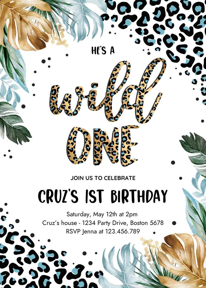 Blue Wild One Leopard Jungle Boy 1st Birthday Invitation Canva Template