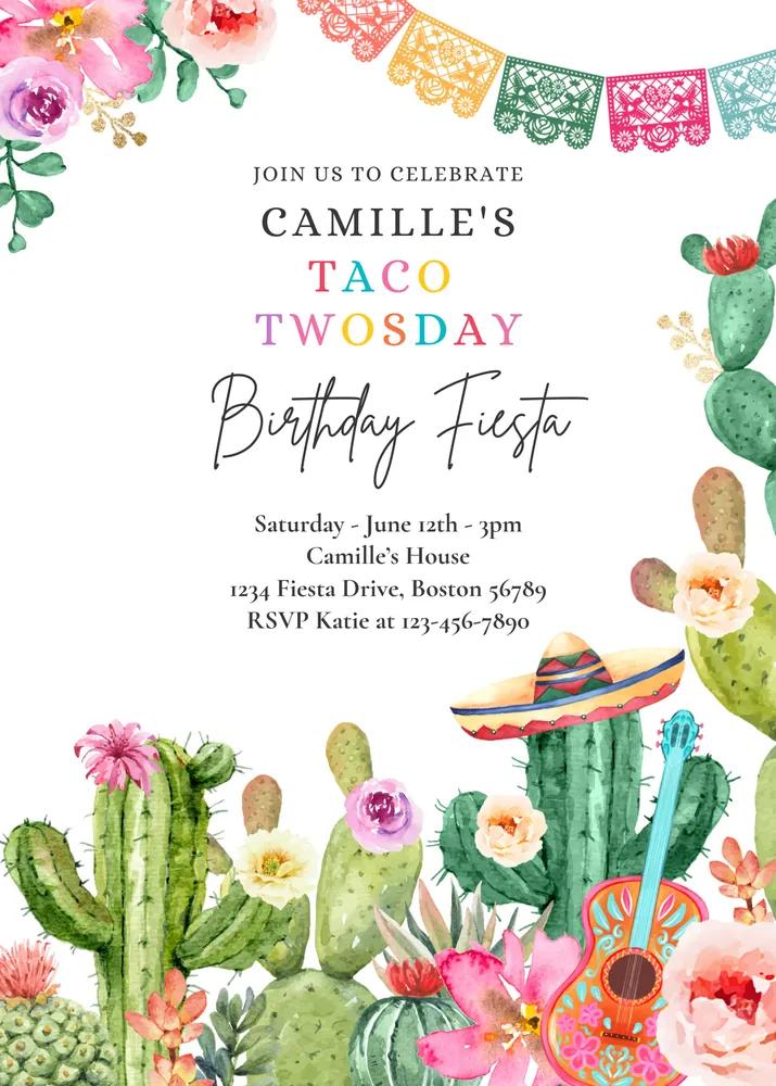 Taco Twosday 2nd Birthday Invitation Canva Template, Fiesta Party Invite