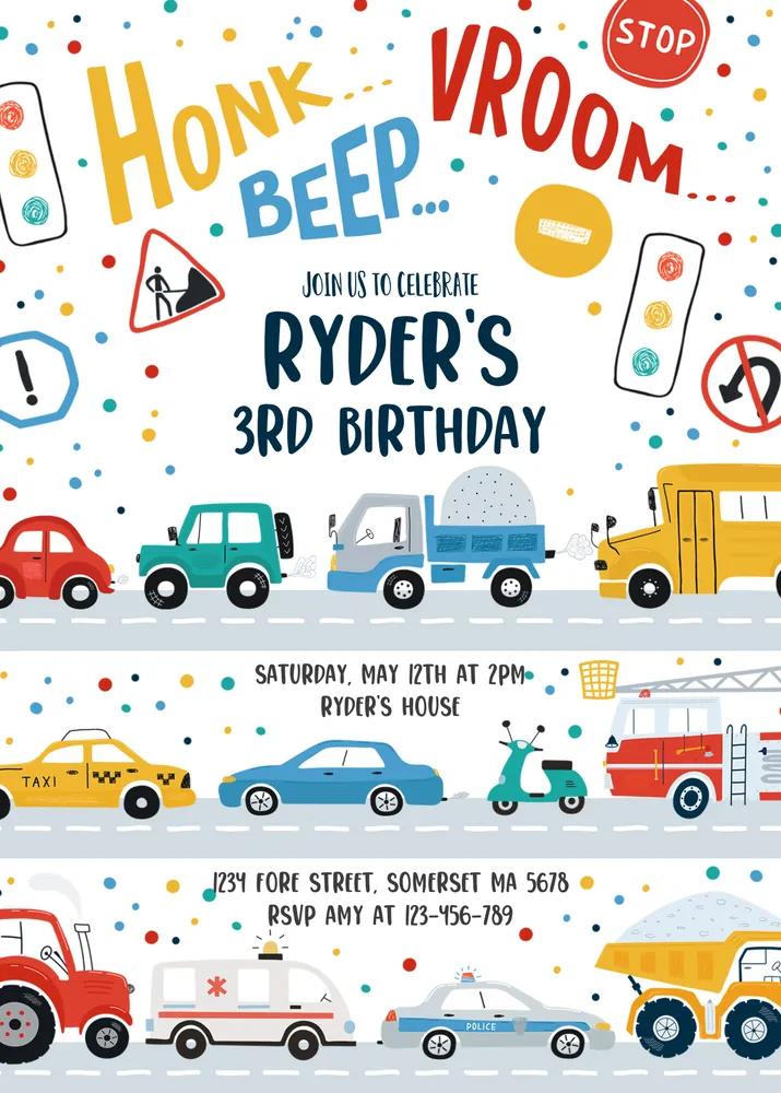 Transportation Birthday Invitation Canva Template Trucks Diggers Cars Tractor