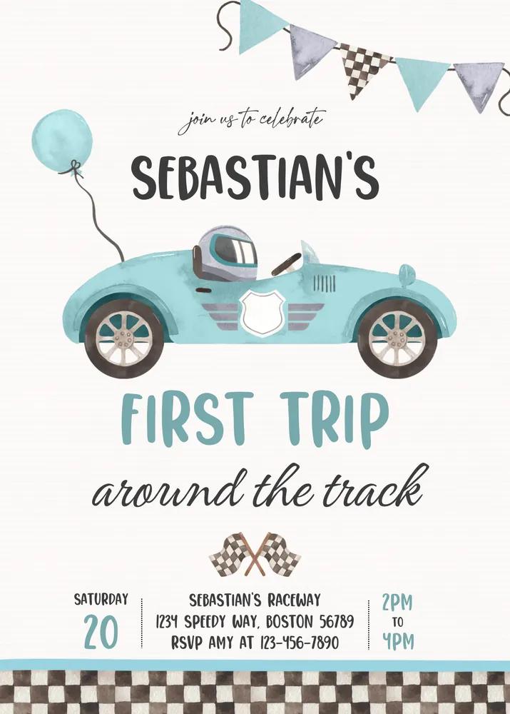 Race Car 1st Birthday Invitation | Vintage First Trip Around The Track Canva