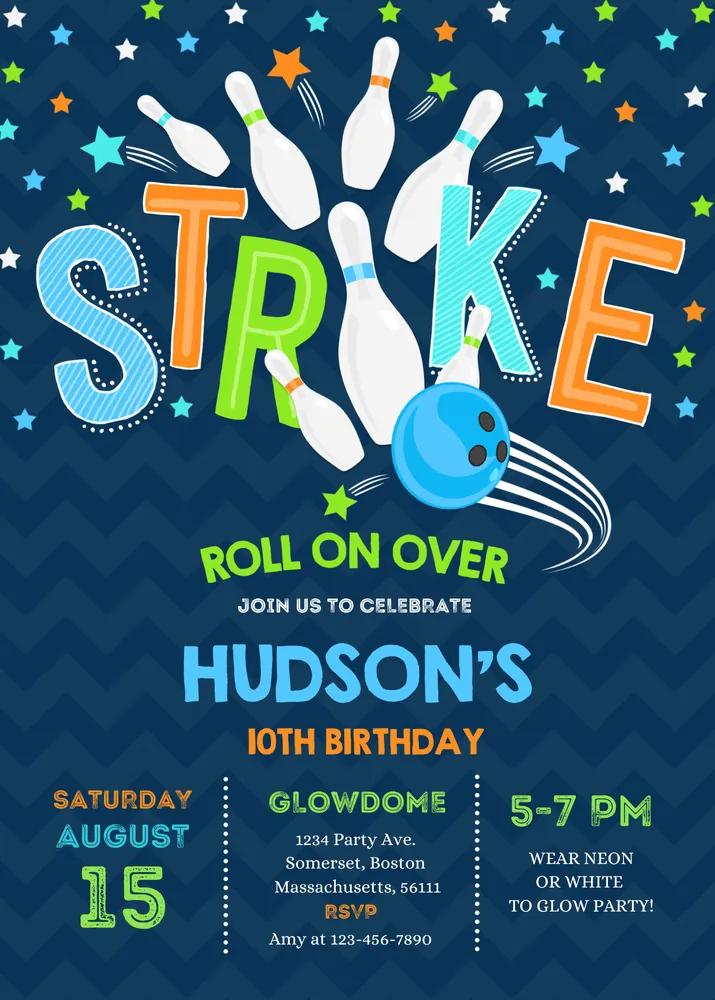 Bowling Birthday Invitation | Editable Canva Template | Strike Party Invite