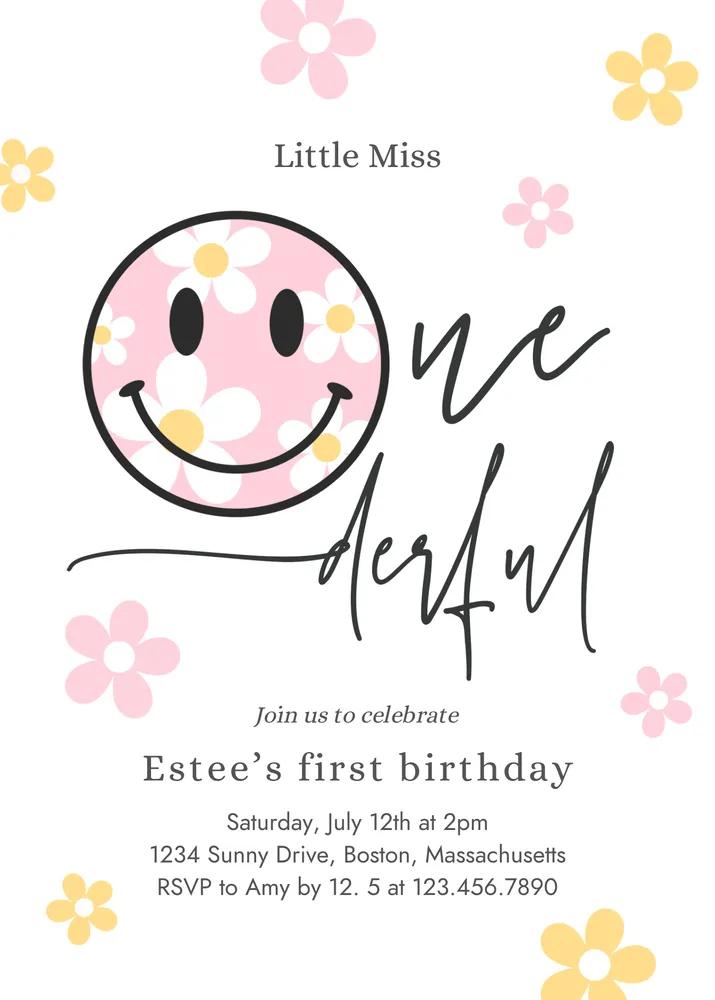 Smiley Daisy 1st Birthday Invitation, Editable Canva Little Miss Onederful Template