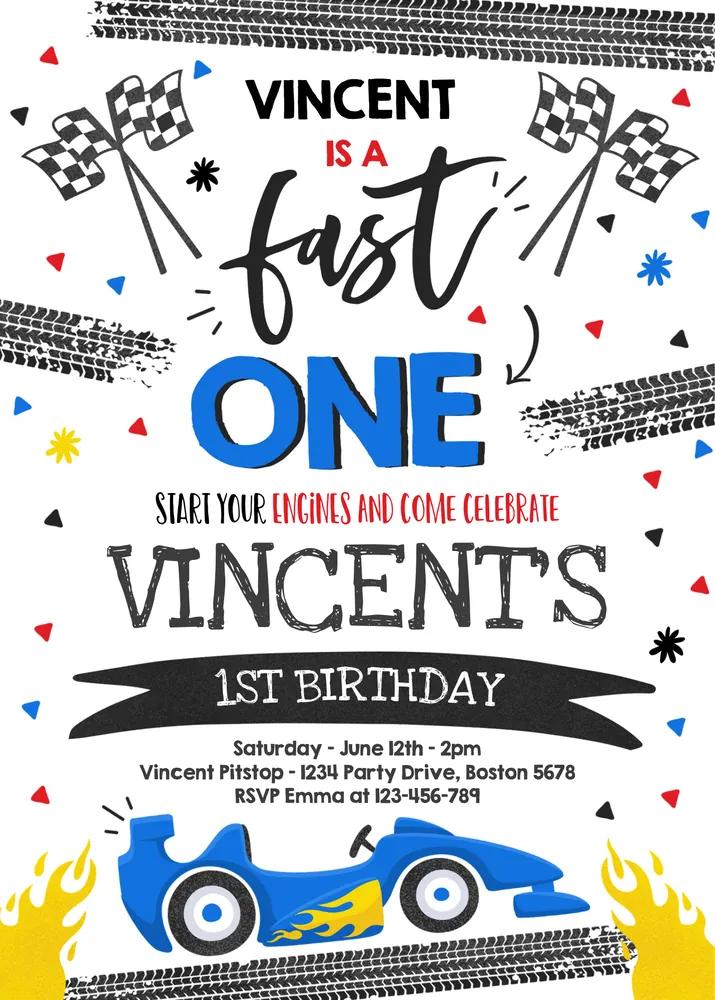 Fast One 1st Birthday Invitation | Blue Race Car Canva Template | Boy Party