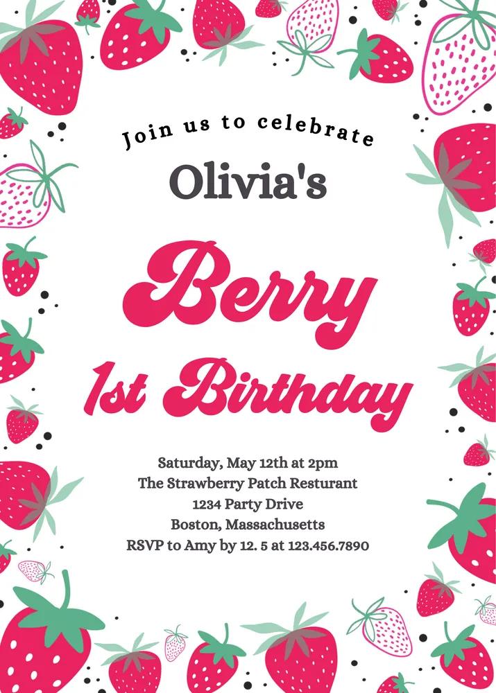 Strawberry Berry First Birthday Invitation Canva Template - Sweet 1st Birthday