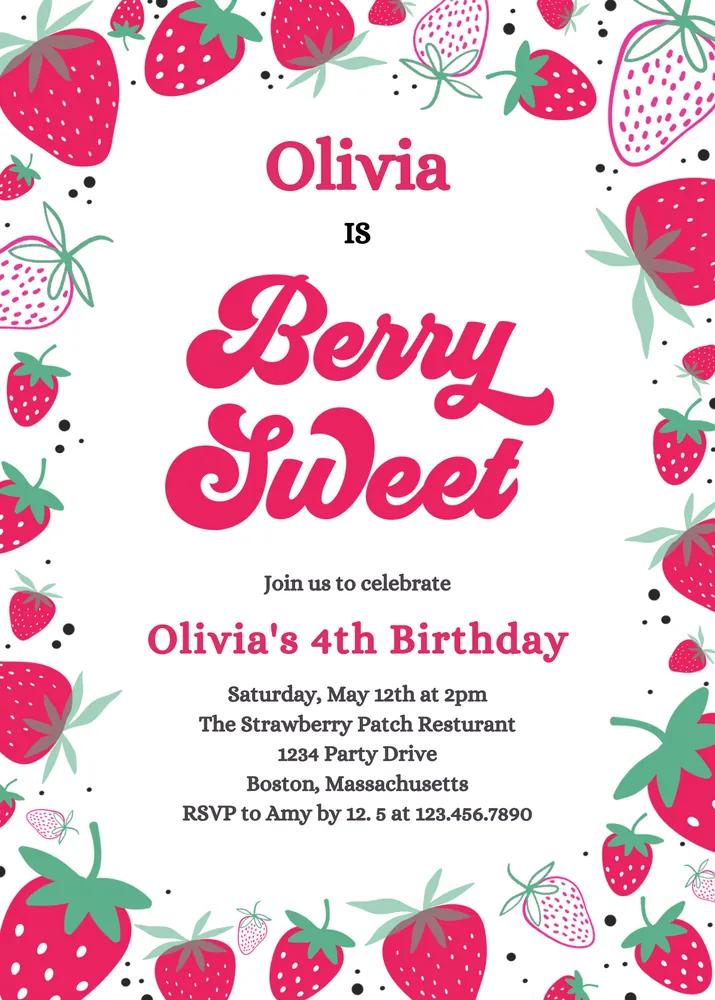 Strawberry Birthday Party Invitation | Berry Sweet Canva Template | Any Age