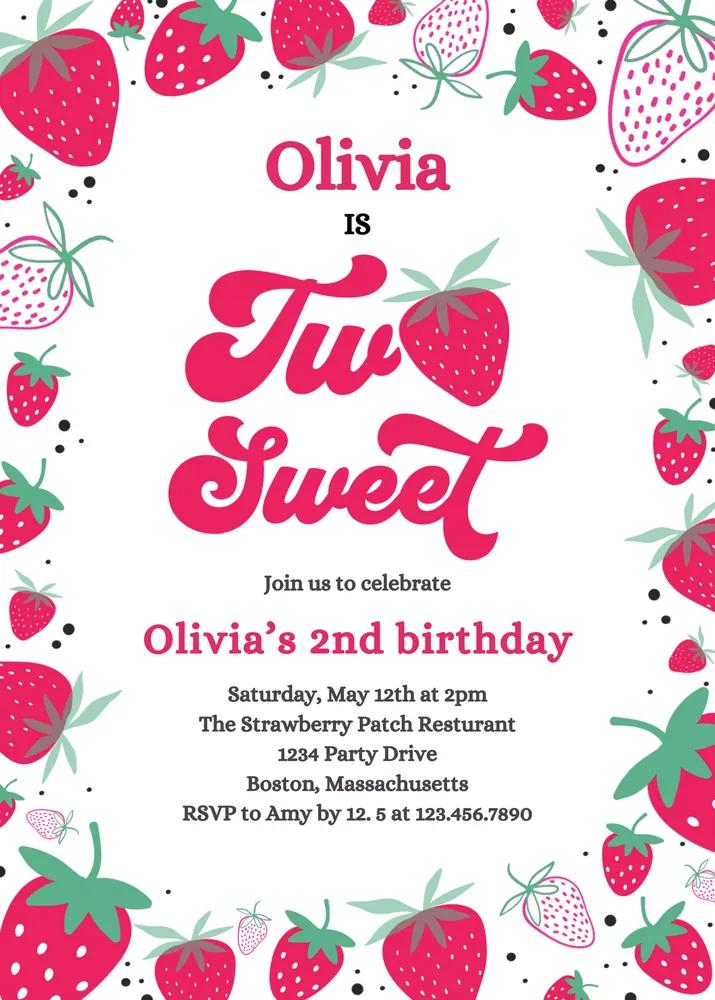 Strawberry Two Sweet 2nd Birthday Invitation Canva Template | Summer Berry Party