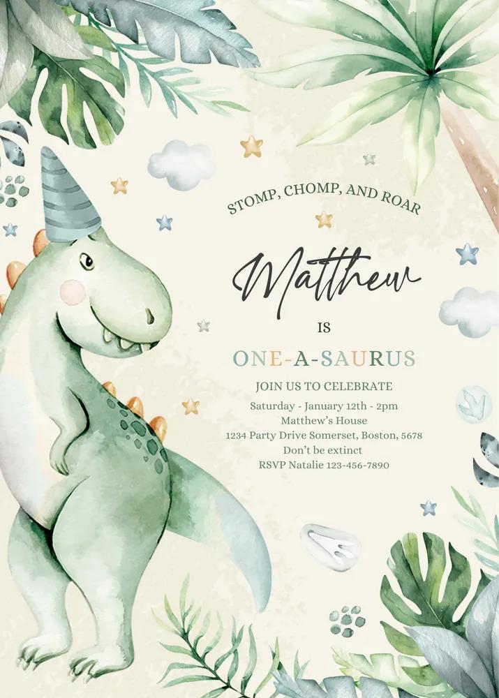 One-A-Saurus Dinosaur 1st Birthday Invitation | Editable Canva Template