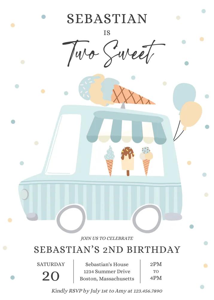 Ice Cream Truck 2nd Birthday Invitation, Boy Two Sweet Canva Template