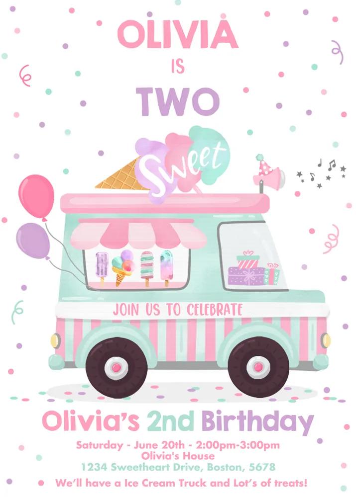 Ice Cream Truck 2nd Birthday Invitation Template, Two Sweet Party Canva