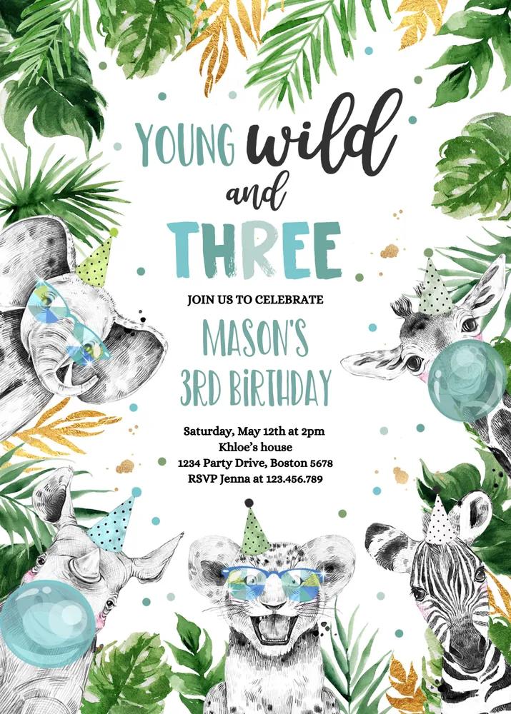Young Wild and Three Birthday Invitation | Safari Animals Canva Template