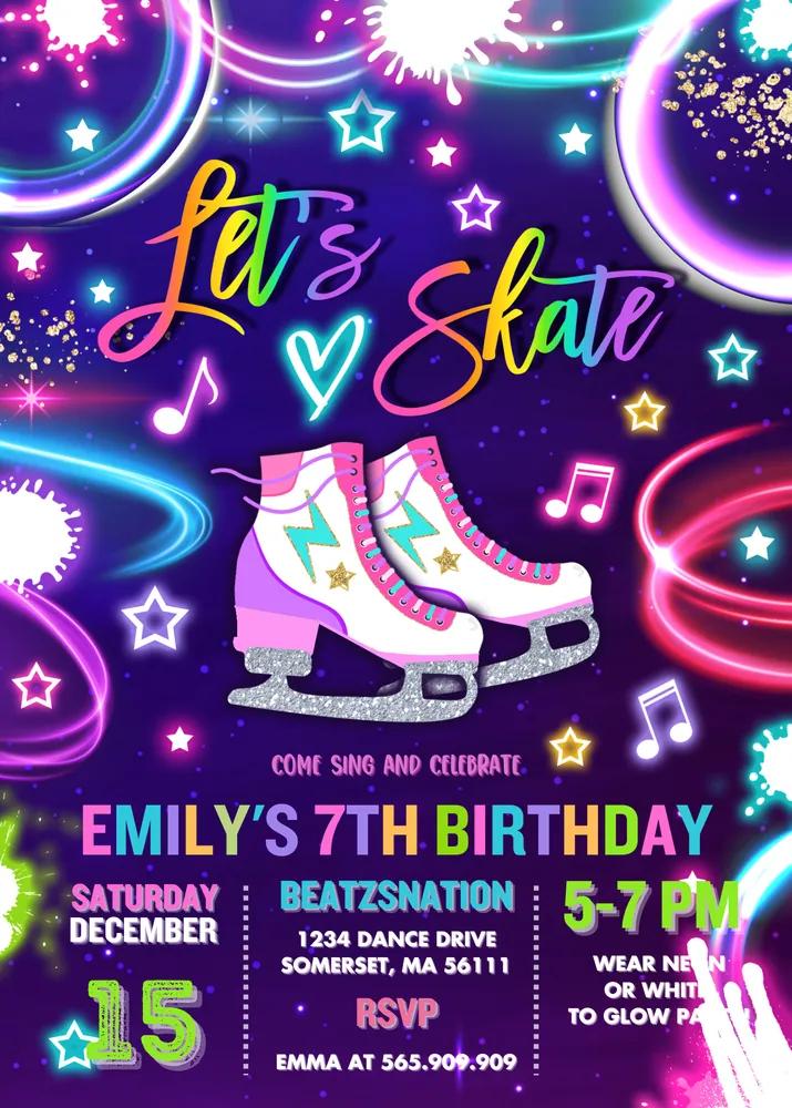 Neon Glow Ice Skating Invitation | Editable Canva Template | Instant Download
