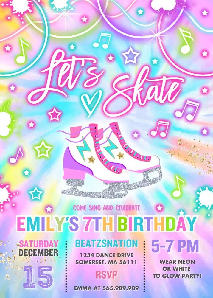 Glow Tie Dye Ice Skating Invitation | Editable Canva Neon Skating Party Template