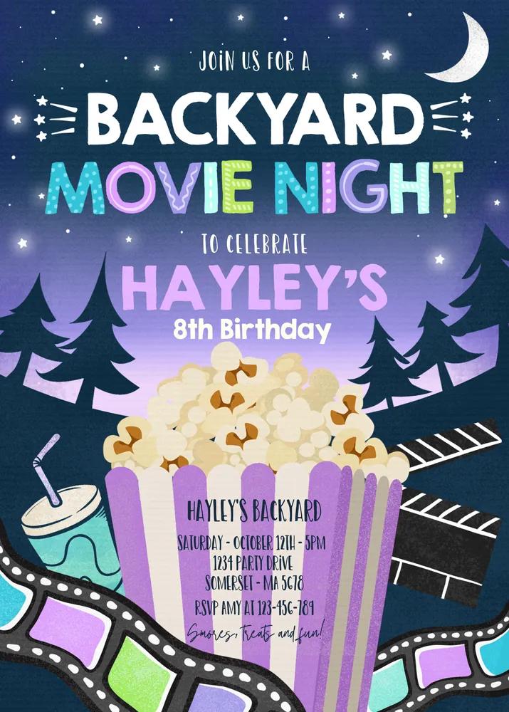Backyard Movie Night Birthday Invitation - Outdoor Cinema Canva Template