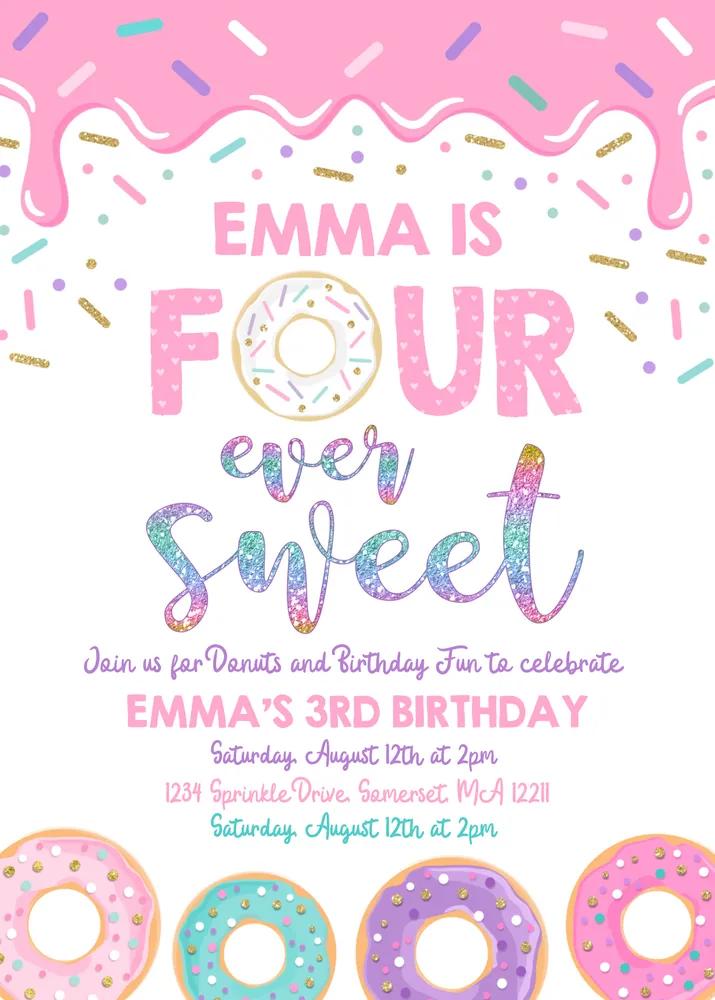 Donut Four Ever 4th Birthday Invitation Template, Pink Girl Donut Party Canva