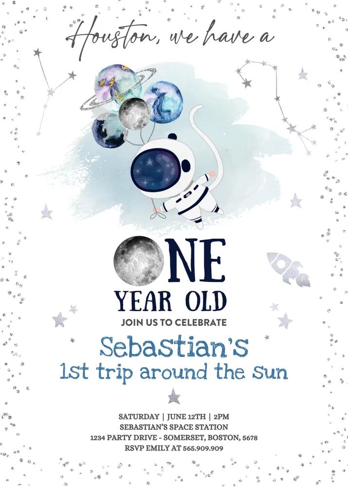 Space 1st Birthday Invitation Canva Template | Rocket Ship Galaxy Party