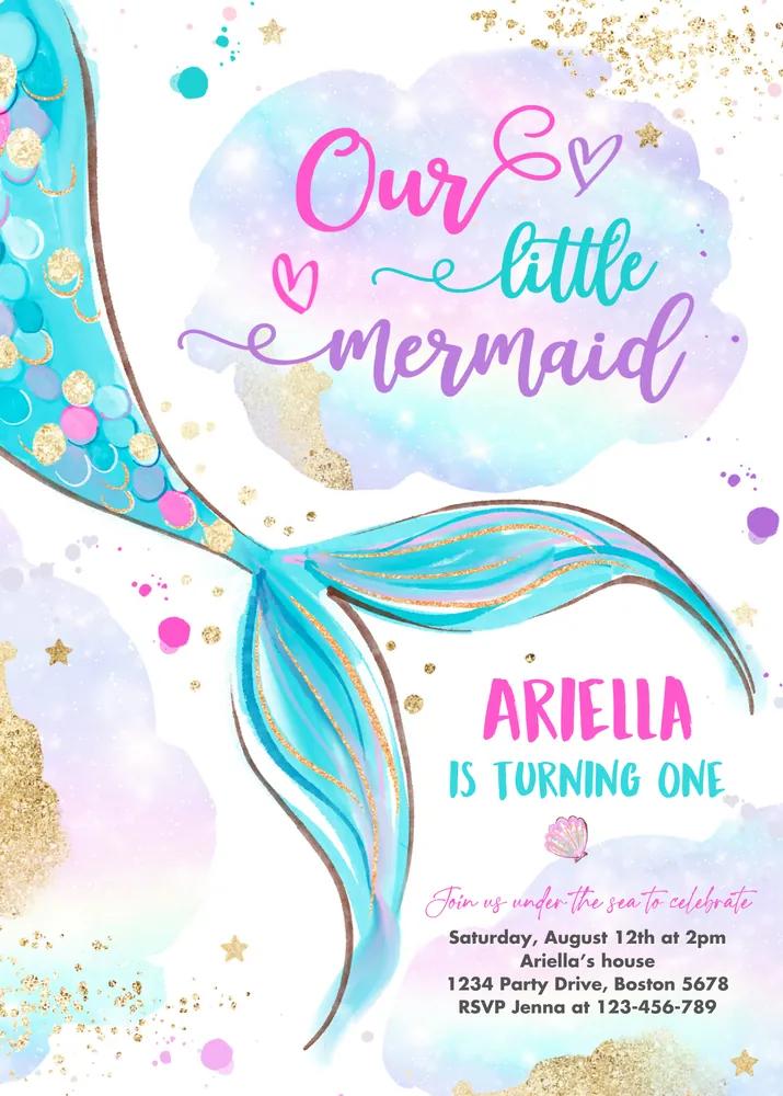 Mermaid 1st Birthday Invitation | Editable Canva Template Pink Gold